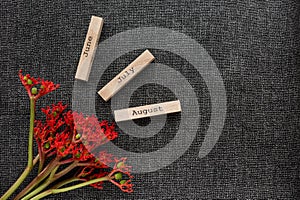 Object shooting of a flower and beautiful inscriptions on cubes. Layout items photo