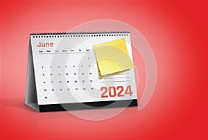 June 2024 Calendar With Blank Sticky Note Isolated on red background with space for copy photo
