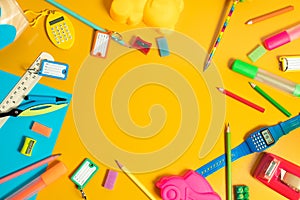 object for study in classroom, student learning with education, kids play fun and toy, top view background, children and knowledge