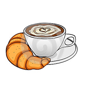 Object on white background, breakfast, coffee with cream and croissant. Raster photo
