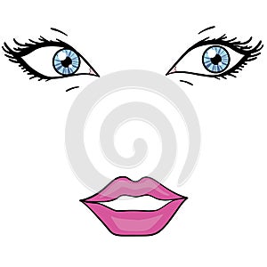 Object on white background. Eyes and lips of a beautiful girl. Fashion style.