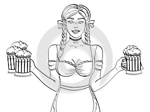 Object on white background Germany Girl waitress carries five beer glasses. Concept oktoberfest. Coloring for children