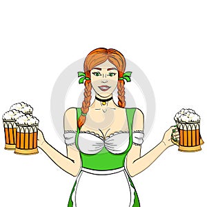 Object on white background Germany Girl waitress carries five beer glasses. Concept oktoberfest. Comic book style