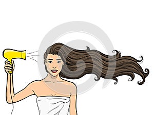 Object on white background. A girl with long hair dries a hairdryer. Advertising of shampoo. raster