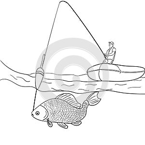 Object on white background man who fishing in open sea. Fisherman in boat pulling fish. Coloring for children raster