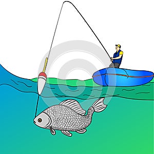 Object on white background man who fishing in open sea. Fishing cartoon. Fisherman in boat pulling fish.