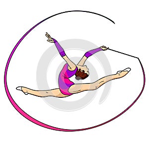 Object on white background rhythmic gymnastics, girl with a ribbon on twine. Color background.