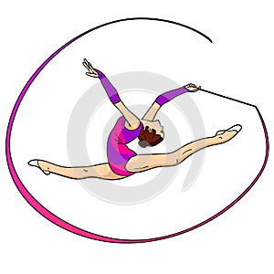 Object on white background rhythmic gymnastics, girl with a ribbon on twine. Color background.