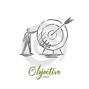 Objective, business, arrow, target, success concept. Hand drawn isolated vector.