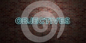 OBJECTIVES - fluorescent Neon tube Sign on brickwork - Front view - 3D rendered royalty free stock picture