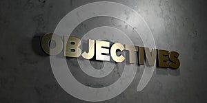 Objectives - Gold text on black background - 3D rendered royalty free stock picture