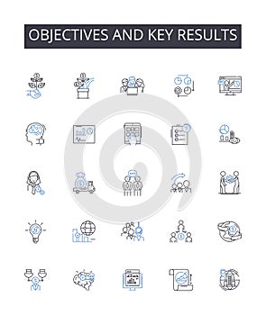 Objectives and Key Results line icons collection. Targets, Goals, Aims, Milests, Benchmarks, Standards, Metrics vector