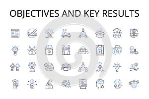 Objectives and Key Results line icons collection. Targets, Goals, Aims, Milests, Benchmarks, Standards, Metrics vector