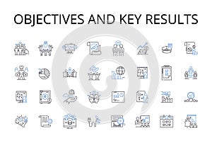 Objectives and Key Results line icons collection. Targets, Goals, Aims, Milests, Benchmarks, Standards, Metrics vector