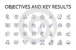 Objectives and Key Results line icons collection. Targets, Goals, Aims, Milests, Benchmarks, Standards, Metrics vector