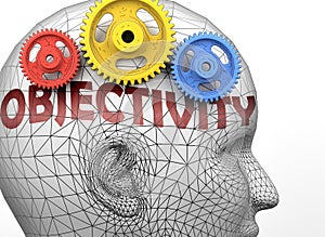 Objectivity and human mind - pictured as word Objectivity inside a head to symbolize relation between Objectivity and the human