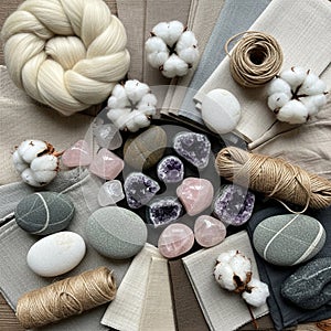 And objects arranged on a surface include natural cotton bolls wool