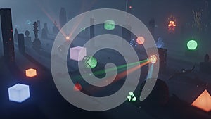 The objects are arranged among tall pillar like structures resembling stone