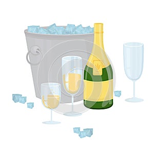 With objects: champagne, glasses, empty glass, ice bucket, ice. Design elements isolated on white