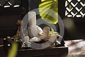 objects on color tropic palm leafs back