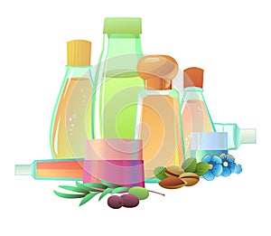 Objects Cosmetics creams and natural oils. Still life. Liquids for skin and hair care. Tinctures and medicinal useful