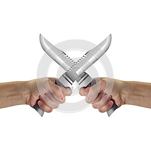Objects Hands action - Two crossed Hand holds Survival knife. Is