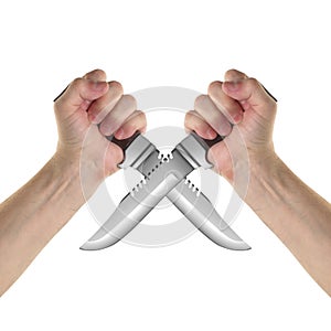 Objects Hands action - Two crossed Hand holds Survival knife Iso