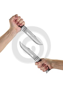 Objects Hands action - Two Hand holds Survival knife. Isolated