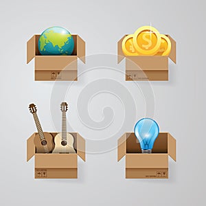 Objects in open box vector set design concept.illustration