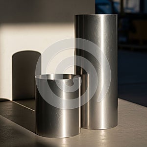 Objects are placed vertically on a flat surface, one taller and slimm