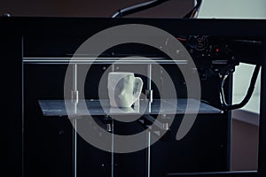 Objects printed by 3d printer. Dark filter. Copy spase.