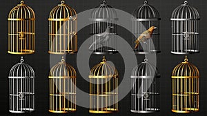 Objects representing empty bird cages, vintage empty birdcages of golden and silver colors, metal jails with open and