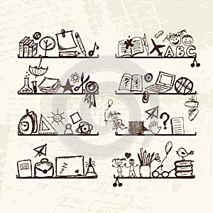 Objects for school on shelves, sketch drawing