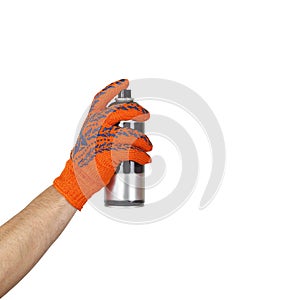 Objects tool hands action - Aerosol spray paint in the hand of the worker in glove. Isolated