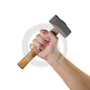 Objects tool hands action - Hand old hammer worker. Isolated