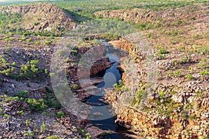 Oblique aerial view of Bell Gorge and Waterfall in the King Leopold Conservation Park, Kimberley, Australia