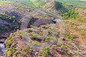 Oblique aerial view of Bell Gorge and Waterfall in the King Leopold Conservation Park, Kimberley, Australia