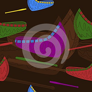 Oblique Native American Canoe Vector Illustration Dark Background Seamlss Pattern