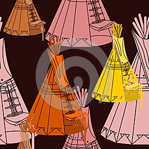 Oblique Native American Tent Vector Illustration Dark Background Seamless Pattern