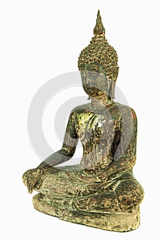 Oblique side of ancient Buddha metal statue isolated on white background photo