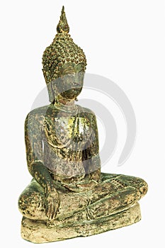 Oblique side of ancient Buddha metal statue isolated on white background photo