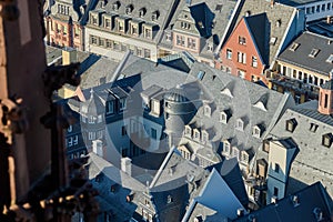 Oblique view from above of the old buildings in the city centre of Frankfurt, Germany