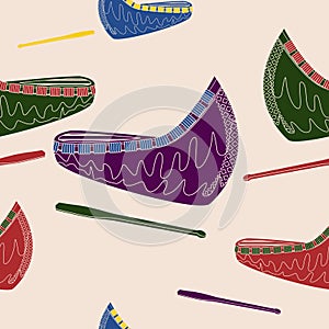 Oblique View Native American Canoe and Paddle Vector Illustration Seamless Pattern