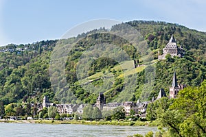 Oblique view of the town of Bacharach on the river Rhine with Stahleck Castle visible above