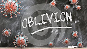 Oblivion and covid virus - pandemic turmoil and Oblivion pictured as corona viruses attacking a school blackboard with a written