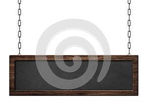 Oblong blackboard with dark wooden frame hanging on chains photo