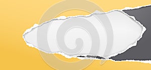 Oblong hole composition in black, yellow paper with torn edges and soft shadow are on white background. Vector