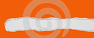Oblong hole composition in orange paper with torn edges and soft shadow is on white squared background. Vector