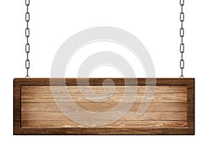 Oblong wooden board with dark frame made of natural wood hanging on chains photo