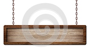 Oblong wooden board made of dark wood and with dark frame hanging on chains